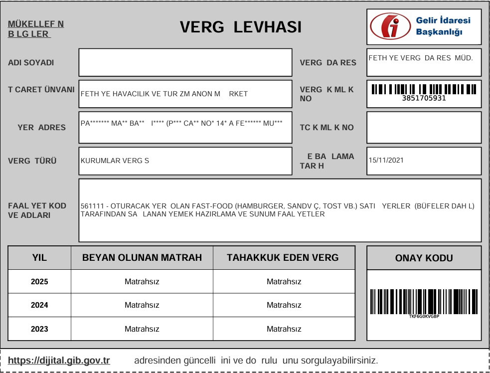 Fethiye Havacılık Turizm - Vergi Levhası